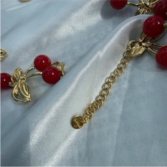 Cherry Design Gold and Red Beaded Stainless Steel Necklace - Picture 6 of 11